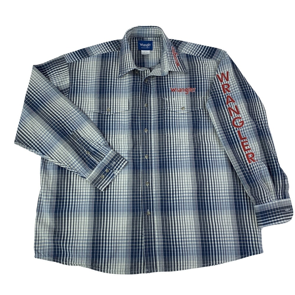Wrangler Mens Size 2XL Blue Plaid Long Sleeve Western Shirt Spell Out Sleeve